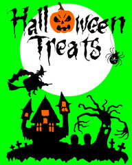 A Halloween illustration on a bright green background with a white moon featuring the text 