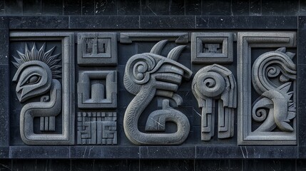 The four figures on the wall are stylized and appear to be from a different time period. Scene is mysterious and intriguing