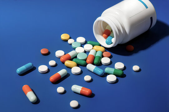 medical pills bottle concept antibiotics blue table concepto de frasco de pastillas m&eacute;dicas antibi&oacute;ticos mesa azul bouteille de m&eacute;dicaments concept antibiotiques bleu table