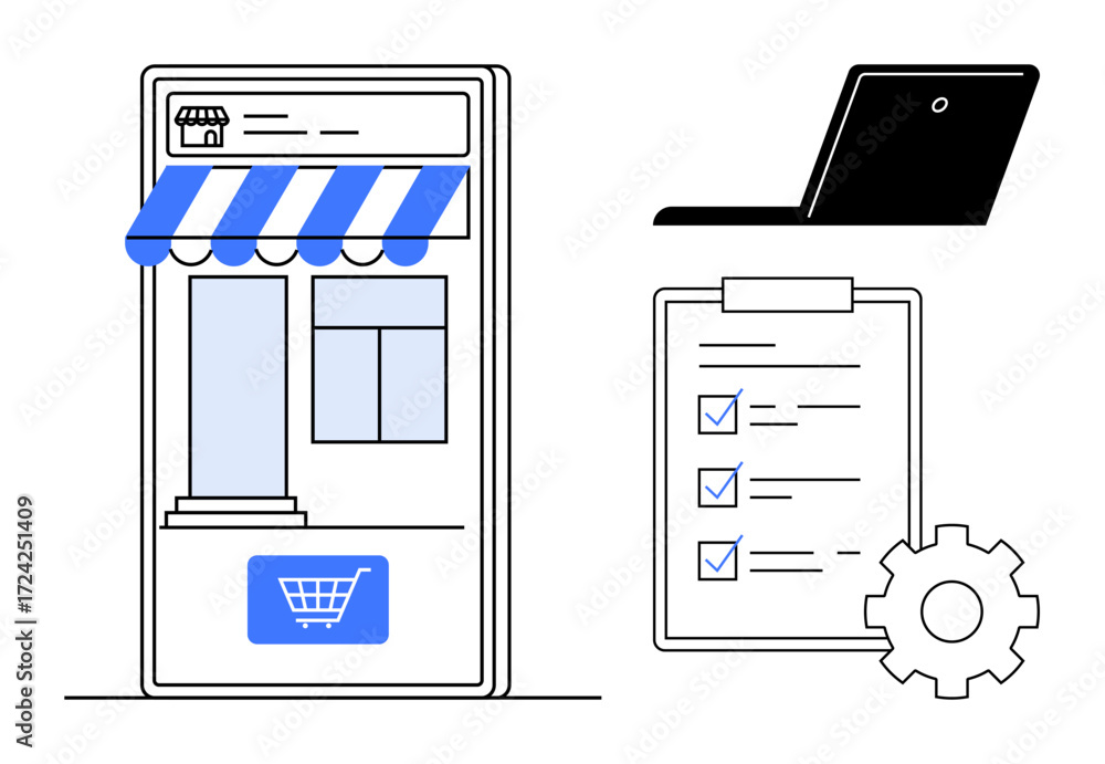 Poster digital storefront with cart button, checklist with gear for workflow, and laptop. ideal for e-comme