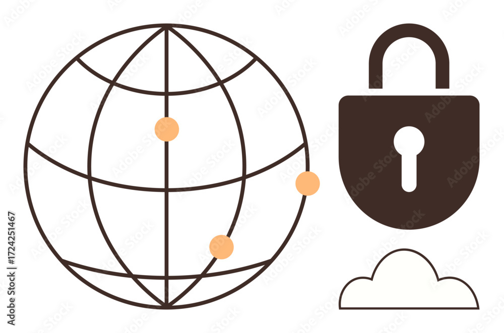 Poster globe with mapped points, padlock, and cloud highlighting cybersecurity, network connectivity, and d