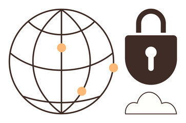 Globe with mapped points, padlock, and cloud highlighting cybersecurity, network connectivity, and digital protection. Ideal for security, globalization, cloud computing, data transfer privacy