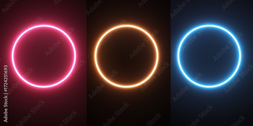 Wall mural three different colored circles with neon lights. the circles are red, orange, and blue. the circles