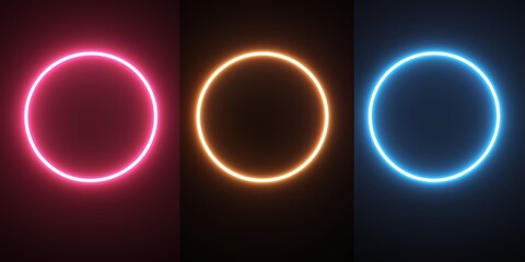 Three different colored circles with neon lights. The circles are red, orange, and blue. The circles are all different sizes and are placed in different positions