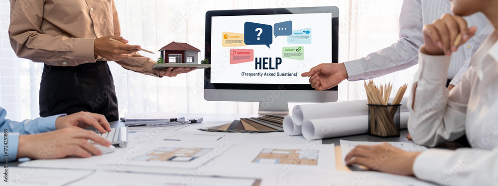 Poster Group of interior architect designer discussing together on blueprint and laptop screen display architecture software for more precise designing layout. Modern home design and renovation. Insight