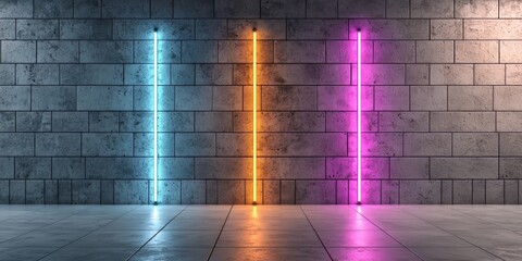 Three neon lights are lit up against a brick wall. The lights are in different colors, with one being orange, one being pink, and one being blue. The wall is made of concrete blocks