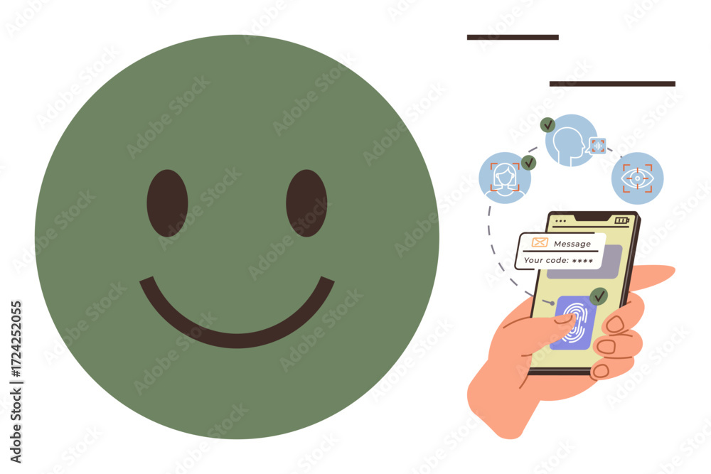 Aufkleber happy face alongside hand unlocking smartphone using fingerprint and access code. ideal for security