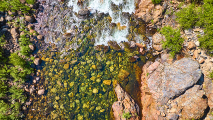 Aerial Merced River Clear Rocky Stream and Lush Greenery Top Down