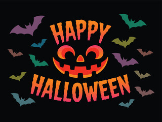 Happy Halloween Text with Glowing Jack-o'-Lantern Smile and Colorful Bats on Black Background