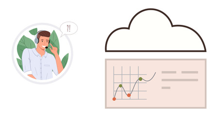 Male support agent wearing a headset, speaking with a puzzled expression, alongside a cloud containing a data chart and analytics. Ideal for customer service, data management, cloud technology