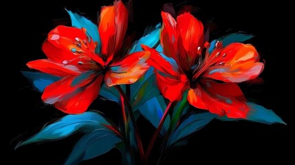 Two red flowers with blue leaves. The flowers are painted in a way that they look like they are in a vase