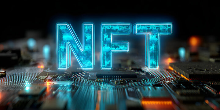Transparent digital NFT typography on futuristic circuit board background, modern cryptocurrency style
