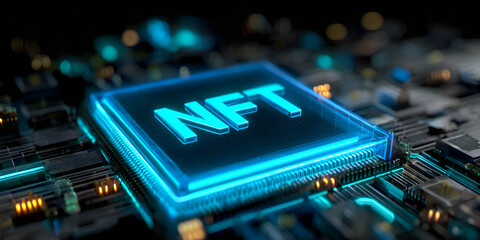 Neon NFT microchip on motherboard background, digital cryptocurrency concept in glowing blue tones

