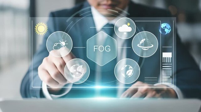 Man in suit interacting with fog computing interface and environmental icons on a screen device