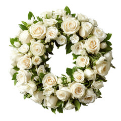 Fototapeta premium A beautiful circular wreath of creamy white roses and green leaves, perfect for wedding or funeral arrangements. background removed