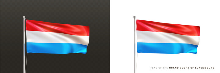 Obraz premium Realistic national flag of the Grand Duchy of Luxembourg on a metal flagpole isolated on black and white background. Waving in the wind flag. Luxembourgian patriotic symbol. 3d vector illustration