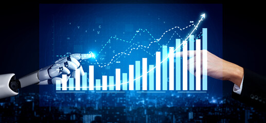 This image depicts a powerful interaction between a robotic arm and a human hand, symbolizing collaboration in advancing data analysis and business growth. Impute