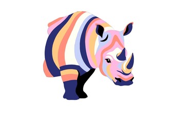 A colorful rhino illustration in pastel shades of pink, orange, blue, and purple. The rhino is depicted with abstract stripes, offering a modern, artistic take on the iconic animal in a playful style