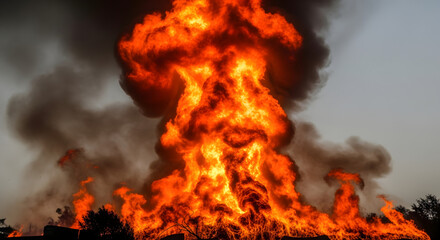 Massive Fire: Towering Flames and Thick Black Smoke

