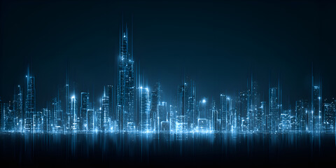 Digital blue city skyline made from particles on black background, futuristic data visualization
