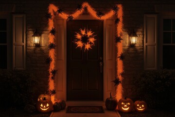 Halloween decorated front door with pumpkins and garlands