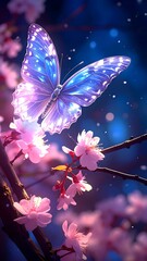 Glowing butterfly amidst vibrant pink blossoms