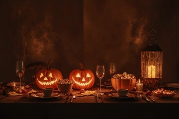 Halloween interior decoration with pumpkins and spider webs