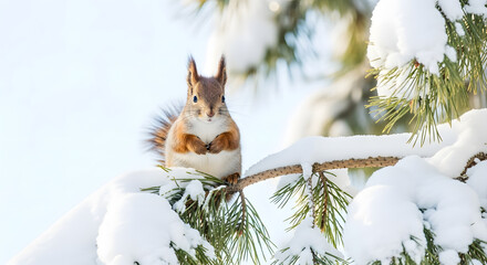 Curious Red Squirrel on Snowy Pine Branch

