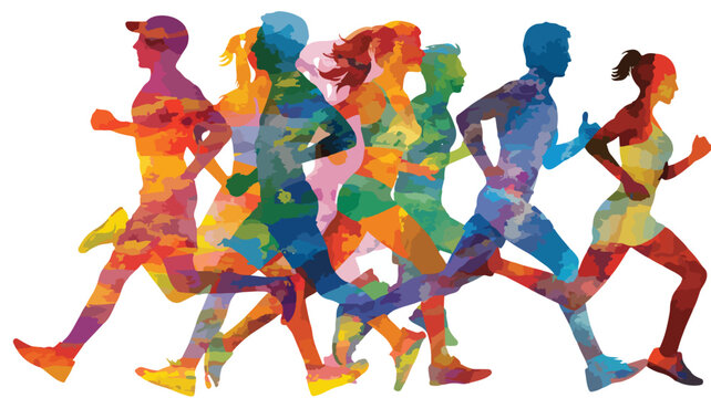 Vibrant Diverse Group of Colorful Runners in Action on White Background