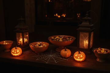 Halloween interior decoration with pumpkins and spider webs