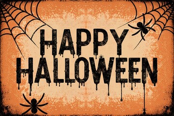Vintage style “Happy Halloween” typography with spider webs and black spiders