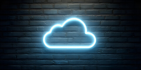 Flat-style blue neon cloud icon with glowing effect on dark brick wall, modern internet storage symbol