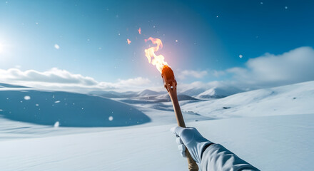 Torch light guiding through vast cold snowy wilderness.

