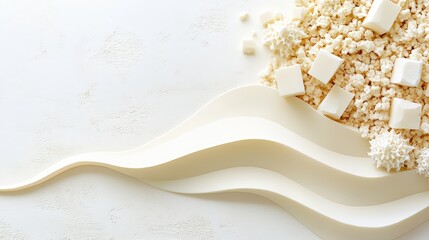 White background with a white wave and white cubes on top. The cubes are scattered all over the wave, creating a sense of movement and energy