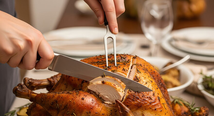 Hands carving juicy roasted turkey for festive dinner

