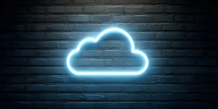 Flat-style blue neon cloud icon with glowing effect on dark brick wall, modern internet storage symbol