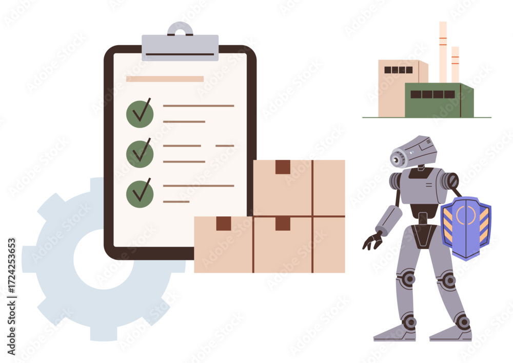Poster robot managing inventory with stacked boxes, checklist clipboard with checkmarks, and factory buildi