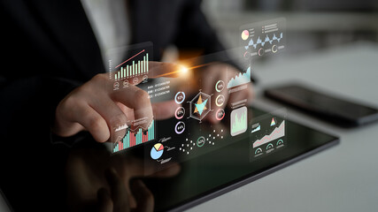 A data analytics interface for visualizing business performance metrics. A collection of charts and graphs for strategic reporting and company analysis. Motif