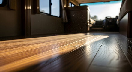 Travel comfort: bright RV interior, sunlit wooden floor

