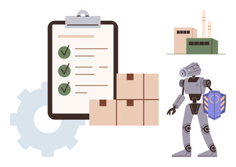 Robot managing inventory with stacked boxes, checklist clipboard with checkmarks, and factory building. Ideal for automation, robotics, logistics, supply chain, technology, process optimization