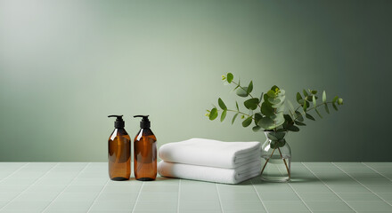 Natural Spa Essentials: Bottles, Towels, and Eucalyptus Serenity.

