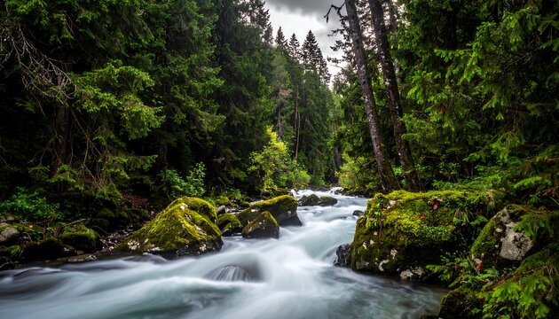 Fast-flowing mountain stream surrounded by lush green forest