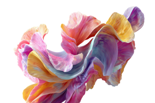 Abstract swirling form resembling pastel-colored flower petals, digitally rendered with a smooth, flowing texture