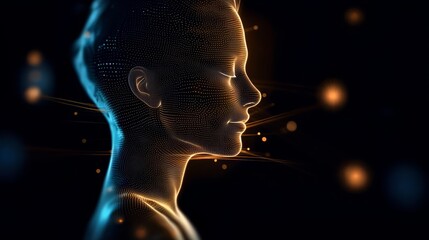 Woman's face is shown in a computer generated image. The face is surrounded by a lot of dots, giving it a futuristic and artificial appearance