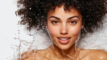 Woman with curly hair is in a bathtub with water splashing around her. She is smiling and she is enjoying herself