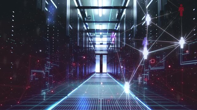 Network and data servers behind glass panels in a server room of a data center or ISP. Forward Dolly Shot with digital code flythrough overlay.
