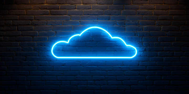 Neon blue glowing cloud icon mounted on dark brick wall - Powered by Adobe