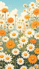 Vibrant field of daisies and marigolds.  A colorful floral display of white and orange blooms against a light blue sky with fluffy clouds.  Detailed illustration of various flowers,  stems, and leaves