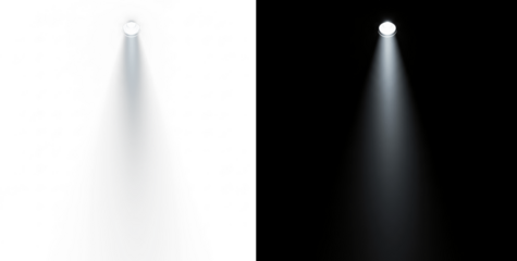 Spotlight isolated on black background with cutout, bright stage light beam PNG overlay, glowing theater lamp effect, dramatic illumination design for concert visuals, studio lighting, and performance