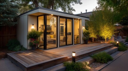 A modern backyard studio with large glass windows, surrounded by greenery. The wooden deck features outdoor lighting, creating a cozy workspace atmosphere.